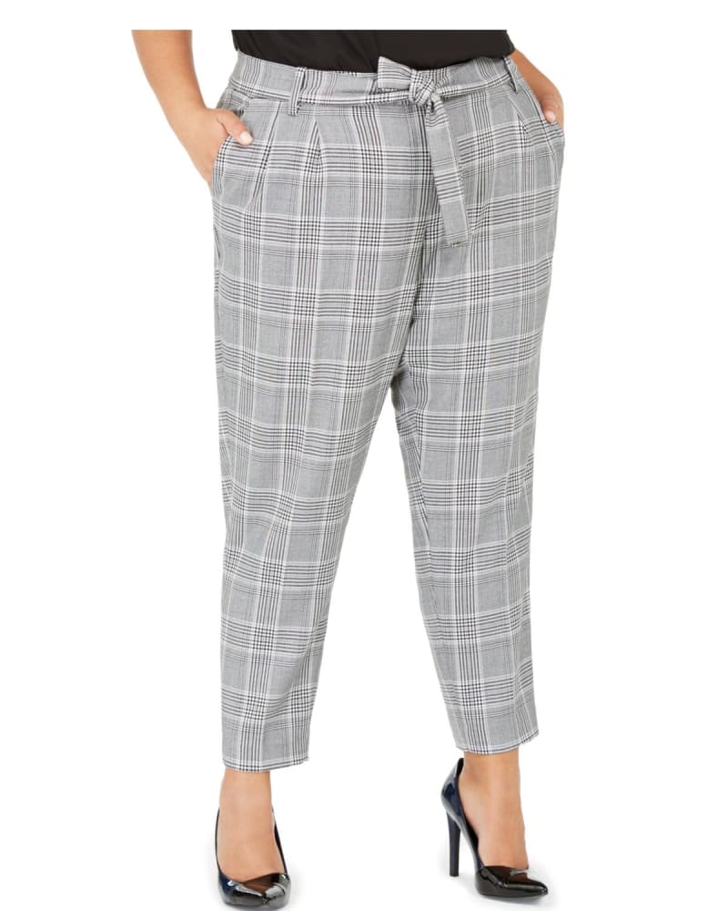 Front of a model wearing a size 14W Calvin Klein Women's High Waisted Houndstooth Ankle Pants Silver-Black 14W in Gray by Calvin Klein. | dia_product_style_image_id:305214